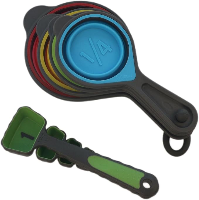 Collapsible Measuring Cups and Spoons Set, Silicone Measure Cups & Spoons, Engraved Markings Measurer Cups Spoons for Baking and Kitchen Green