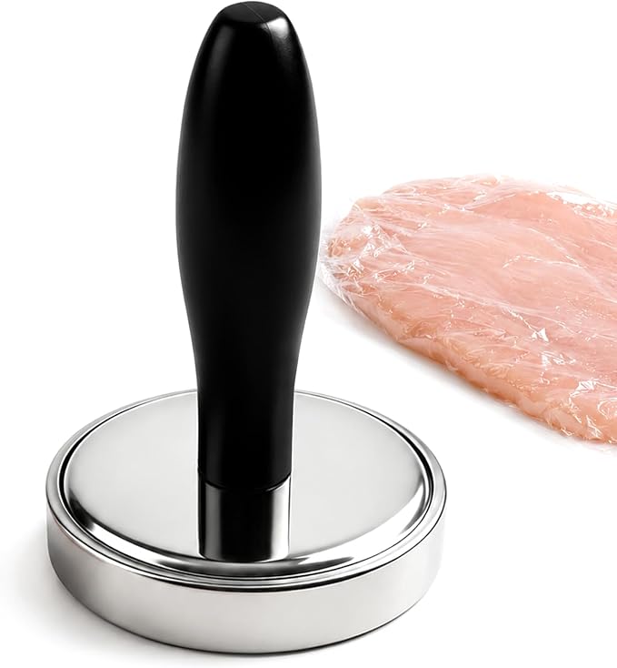 Meat Pounder Tenderizer, Solid Stainless Steel Meat Flattener & Smash Burger Press, Heavy-Duty Round Base Flattens Chicken, Steak, Pork Chops, and Smash Burgers with Less Effort