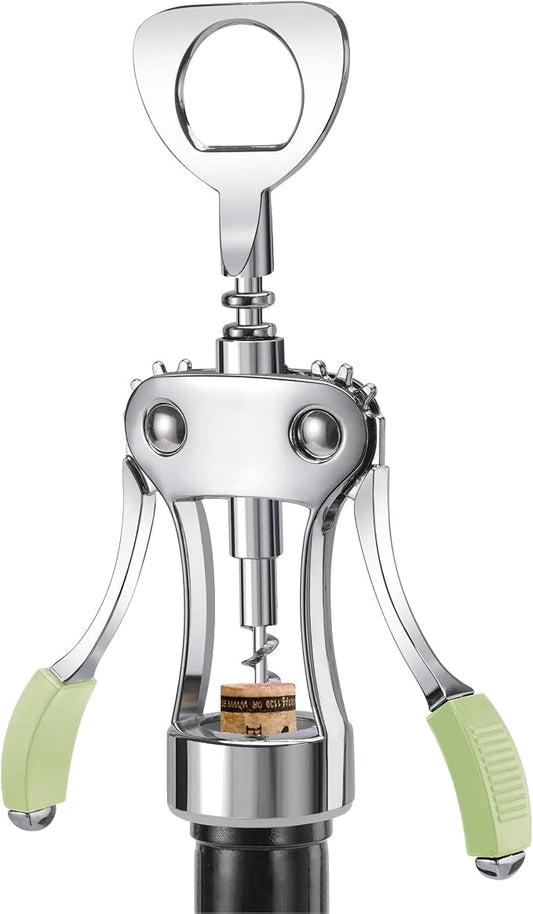 KORCCI Wine Opener, Heavy-Duty Zinc Alloy Wing Corkscrew, Premium Beer Bottle Opener, Multifunctional Wine Accessories with Ergonomic Handle and Sharp Screw, for Kitchen, Bar, Restaurant (GREEN)