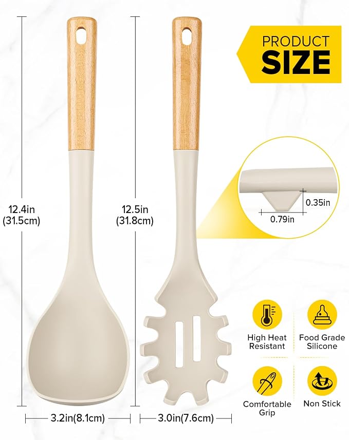 Silicone Soup Ladle and Spaghetti Spoon Set with Wooden Handle, Non Stick Heat Resistant Kitchen Utensils for Cooking, Stirring, Serving Pasta, Soup & Sauce(KHAKI)