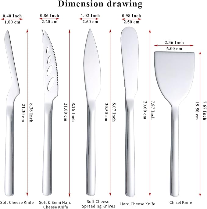 Berglander Cheese Knife Set of 5 for All Types of Cheese, Stainless Steel Cheese Cutter Slicer Ergonomic Design for Confortable Grip and Cut, Butter Spreader Knife