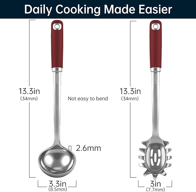 Safring Stainless Steel Soup Ladle and Spaghetti Spoon Set, Heat Resistant Rubber Handle, Dishwasher Safe, Kitchen Utensils for Cooking, Stirring, Serving Pasta, Soup & Sauce (Red)