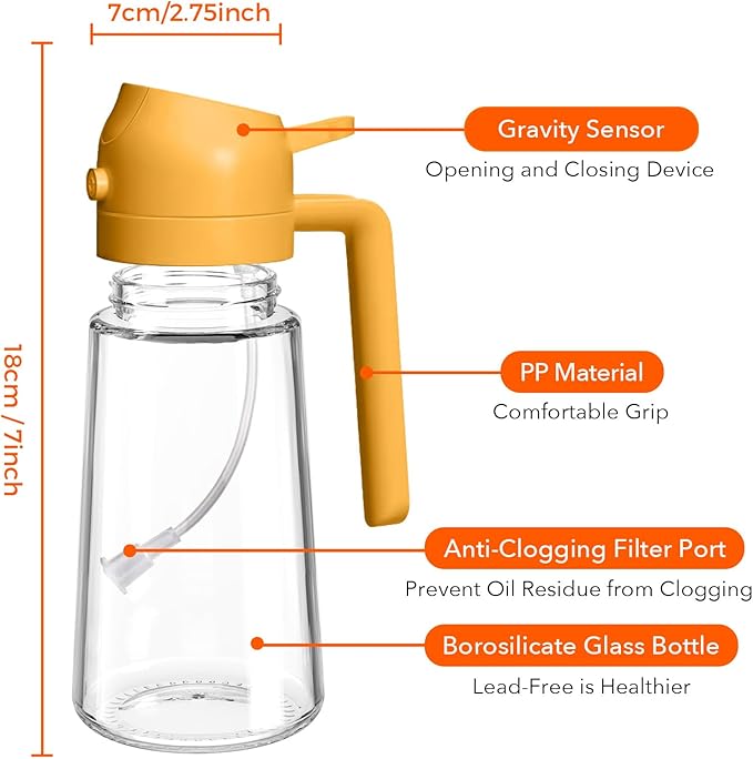 YARRAMATE 16 oz 2-in-1 Glass Olive Oil Sprayer for Cooking, Orange | Food-grade dispenser bottle, 470 ml, spray and pour, portion control, stickers included, for salad, frying and BBQ