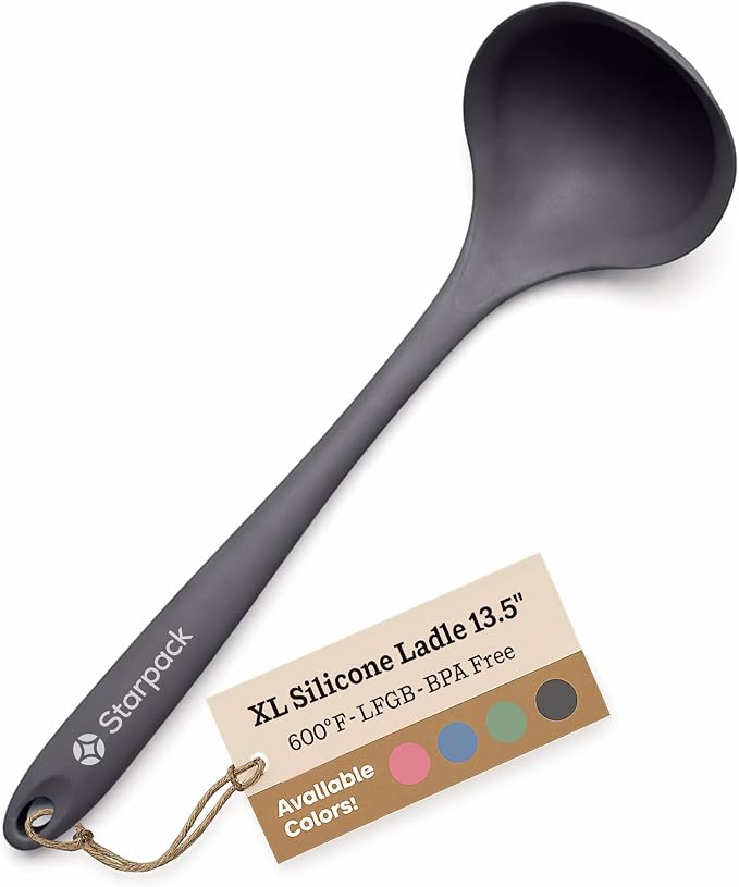 Starpack 'Ladle of Love' XL Premium Silicone Ladle Spoon - Up-to 600°F High Heat Resistant Soup Ladles - Kitchen Ladles for Serving, Non Stick Silicone Spoons, LFGB Grade Cooking Spoon - Gray Black