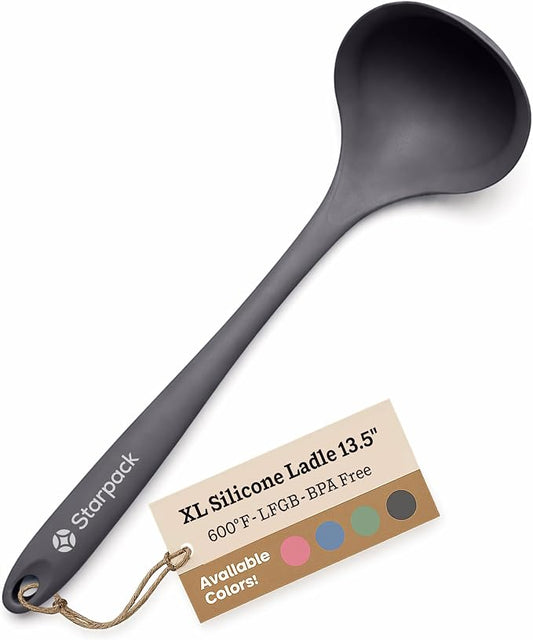 Starpack 'Ladle of Love' XL Premium Silicone Ladle Spoon - Up-to 600°F High Heat Resistant Soup Ladles - Kitchen Ladles for Serving, Non Stick Silicone Spoons, LFGB Grade Cooking Spoon - Gray Black