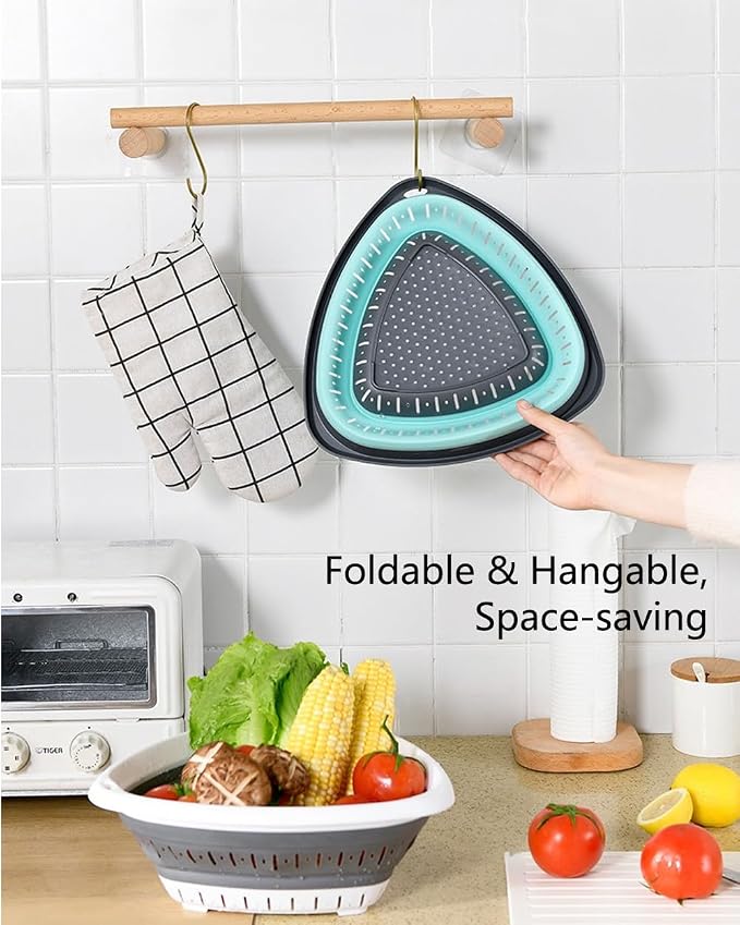 2-Pack Triangle Collapsible Silicone Colander Strainer, Foldable Kitchen Sink Basket for Washing Vegetables & Pasta, Space Saving & Dishwasher Safe, Kitchen Essentials (White and Blue)