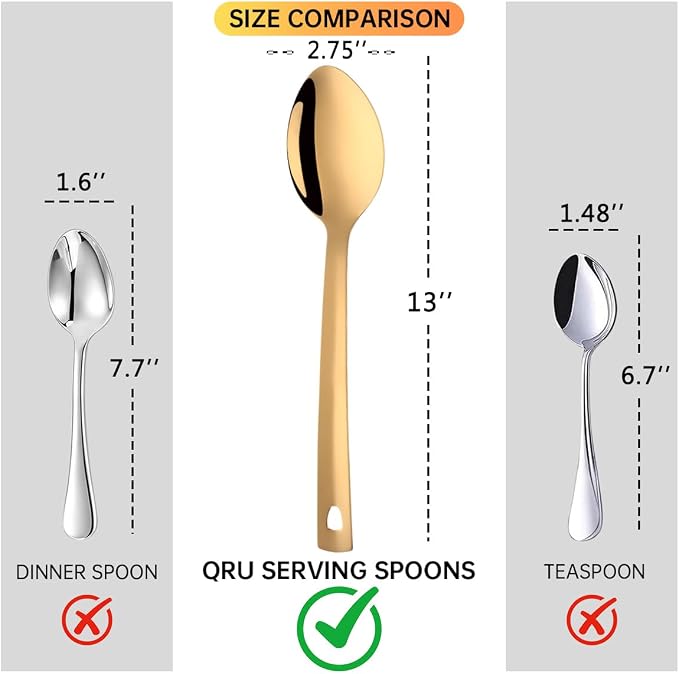 13-Inch Large Stainless Steel Serving Spoons Set, Long Handle Buffet Utensils, Dishwasher Safe (Gold, 6 piece)