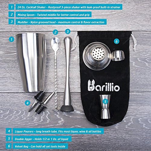 Barillio Mixology Bartender Kit - 8 pcs Stainless Steel Travel Cocktail Shaker Set with Bag - Bar Tools Set with Martini Shaker, Drink Mixer Spoon & Mojito Muddler for Cocktails, Pourers & Jigger