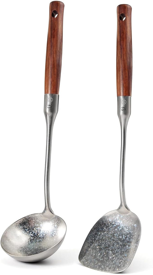Newness Soup Ladle and Solid Turner, Pure Titanium Soup Spoon and Turner | [Rustproof, Heat Resistance] Resilient, with Long Ergonomic Natural Wooden Round Handle, Non-Toxic Cooking Spoon for Kitchen