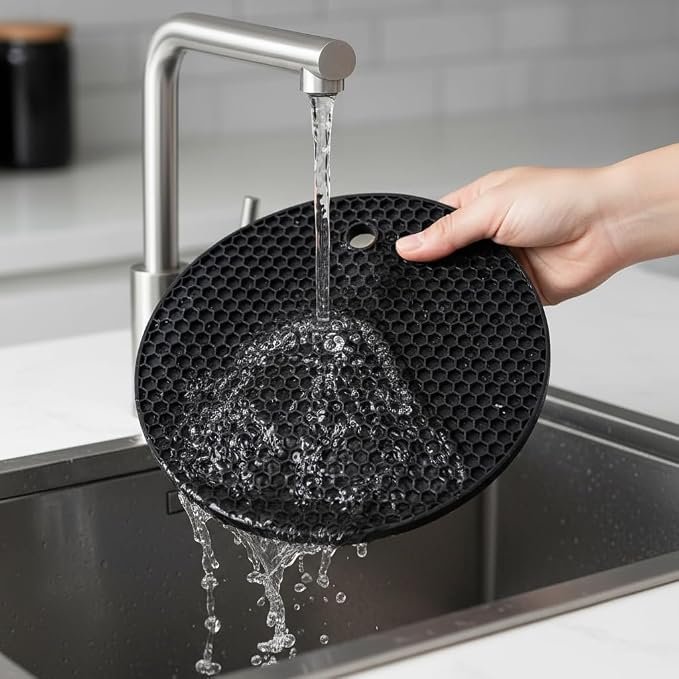 6-Pack Silicone Trivet Mats, Heat Resistant Hot Pads, Dishwasher Safe Kitchen Mats, BPA-Free Pot Holders for Table, Countertop, Stove, Honeycomb Design (Black, 7” Square/Round)