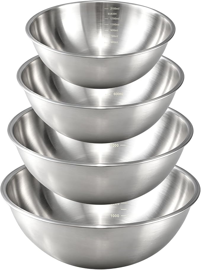 Gronivex Stainless Steel Mixing Bowls Set, 4-Piece (1.5, 2.2, 3.4 & 4.2 Qt) | Food-Grade Metal,Dishwasher Safety,Stackable Nesting & Space-Saving, For home baking, salads, cooking, and RV or grilling use