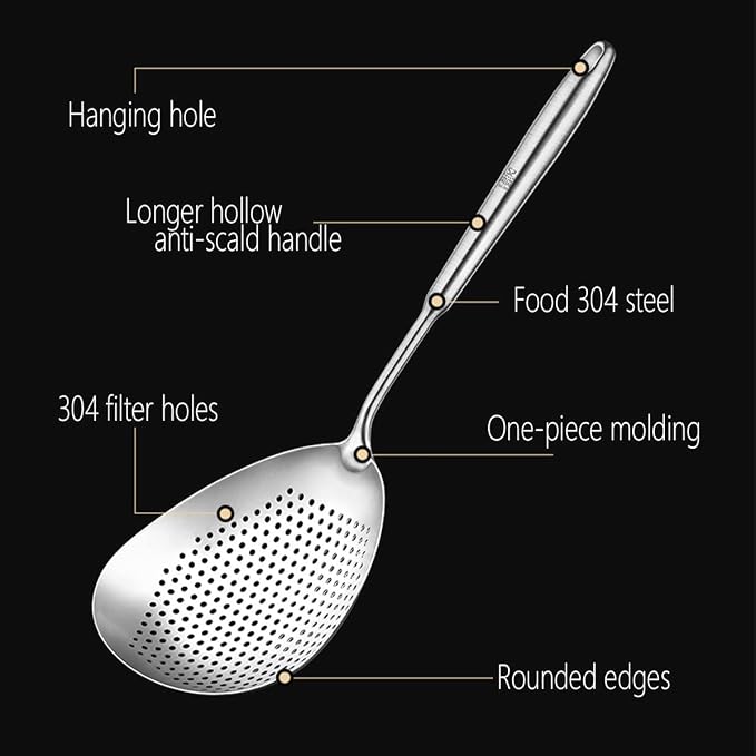 SiXi SS 304 Stainless Steel Kitchen Skimmer Slotted Spoon,Strainer Ladle with Handle for Pasta,Spaghetti,Frying Food and noodles Colander