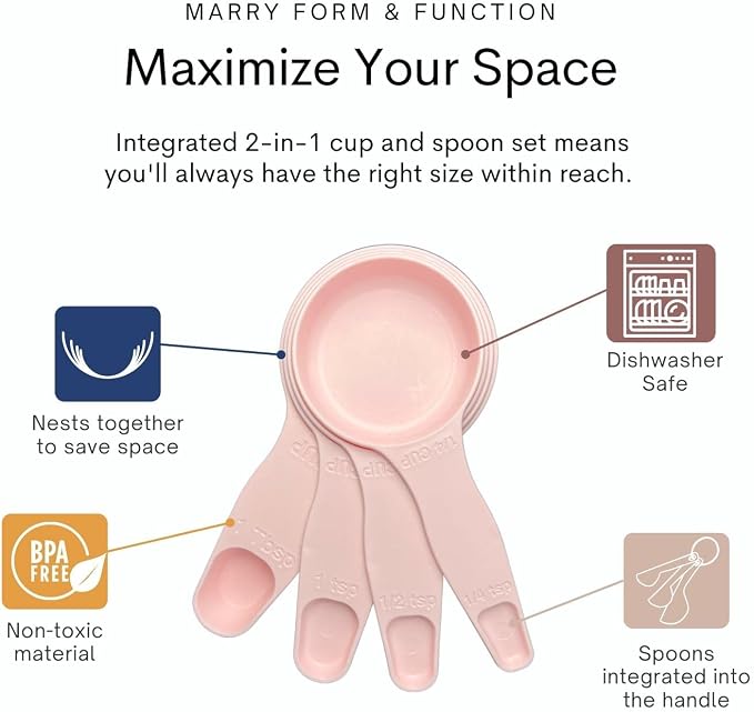 Storage Theory 2-in-1 Measuring Cups & Spoons Set (4-Piece) - Nesting Space-Saving Kitchen Gadget - BPA-Free Food Grade Plastic - Dishwasher Safe for Baking, Cooking, Coffee - Pink