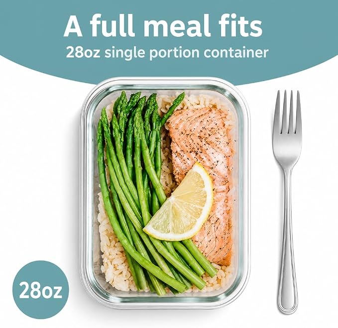 Glass Food Storage Containers, 4pk-28oz, Transparent Lids | Locking Lids, Meal Prep Containers, 1 Compartment, BPA Free and Dishwasher Safe