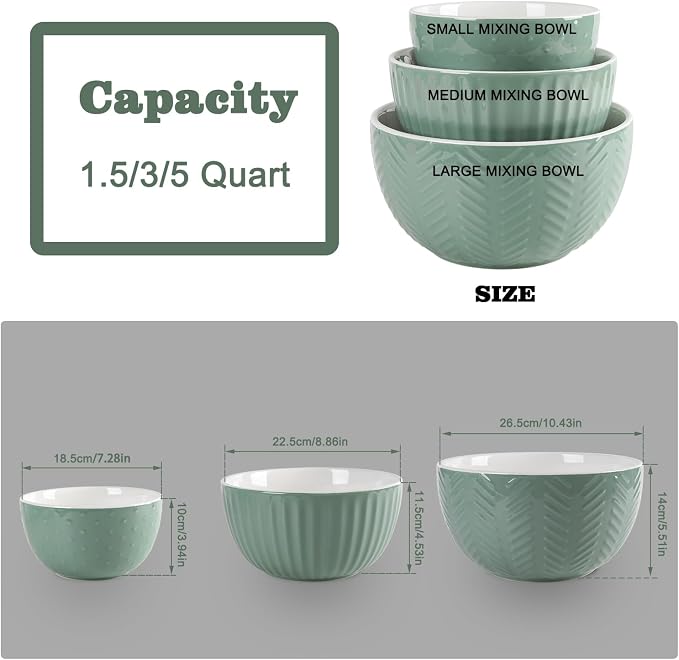 HAPPY KIT Ceramic Nesting Mixing Bowls, Set of 3 Avocado Green | Serving Bowls Set For Kitchen, Large 5/3/1.5 Quart Bowl Set of 3, Prep Nesting Bowl, For Baking and Mixing Salad