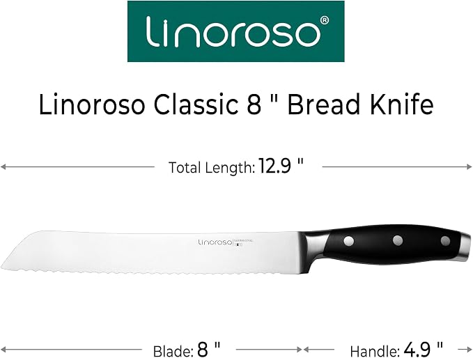linoroso Serrated Bread Knife for Homemade Bread with Elegant Gift Box, Full Tang Ultra Sharp Forged German Carbon Stainless Steel Bread Knife 8 inch for Slicing Bread, Bagels, Cake - Classic Series