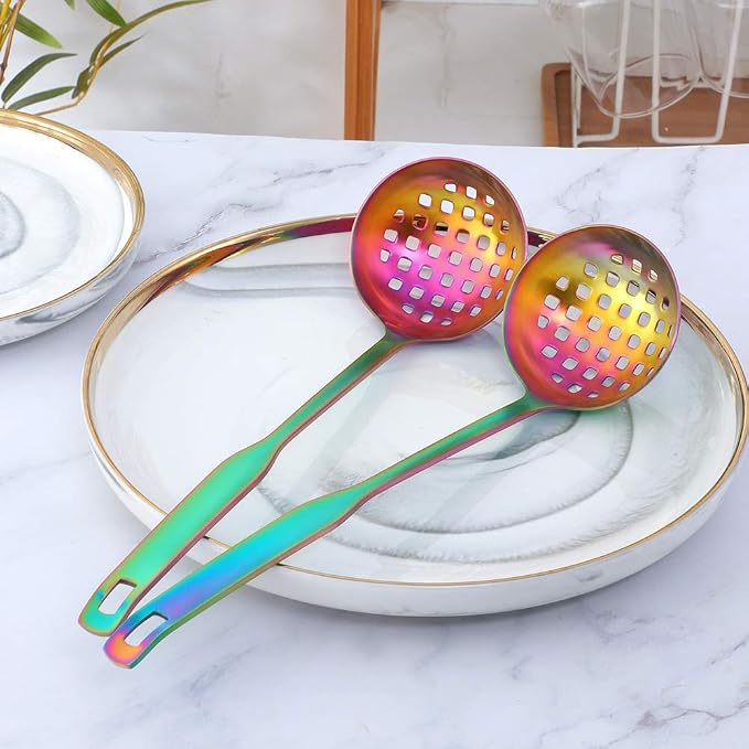 Buyer Star 2 Pcs Soup Ladle Colander, Rainbow Cookware Serving Long Handle Steel Slotted Spoon Cooking Utensil Set for Hotpot