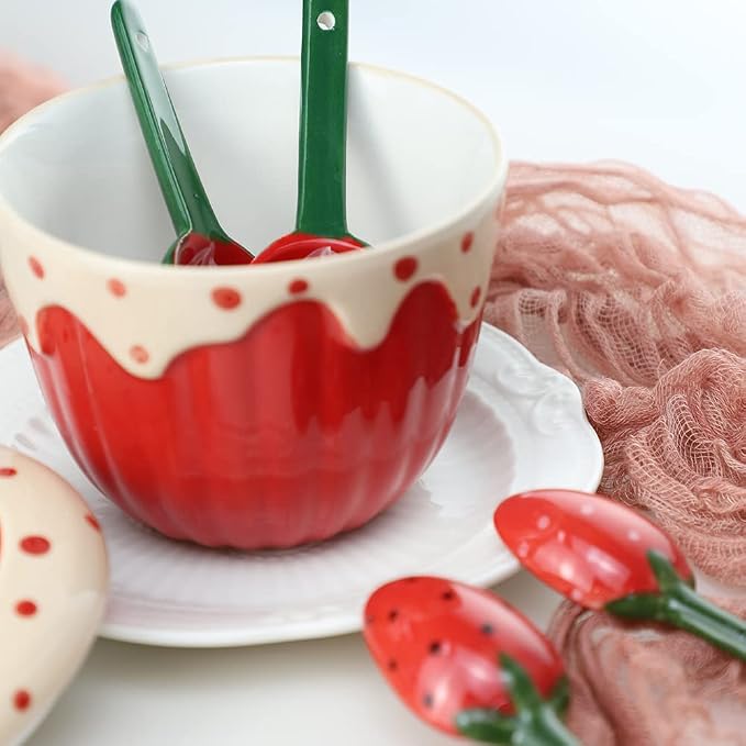 Sizikato 4pcs Porcelain Measuring Spoons with Base, Cute Strawberry Shape