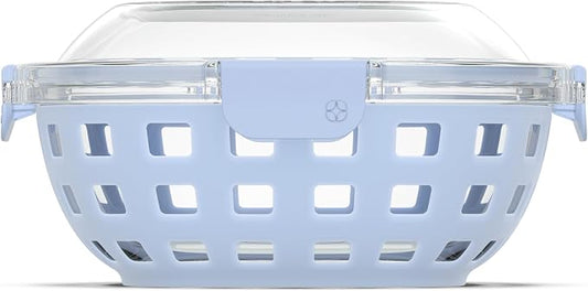 Ello DuraGlass Food Storage Glass Lunch Bowl Container - Meal Prep Container with Silicone Sleeve and Airtight Lid, 5 Cup, Blue | Leakproof glass meal prep salad bowl. BPA-free lid, silicone sleeves, great for meal prepping, food storage, and leftovers.