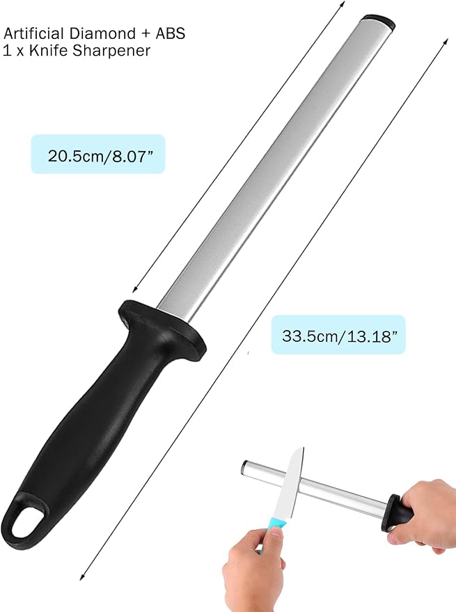 Knife Sharpener Rod, 8 Inch Diamond Sharpening Steel, Kitchen Honing Rod Knife Sharpening Tool for Home Kitchens and Restaurants
