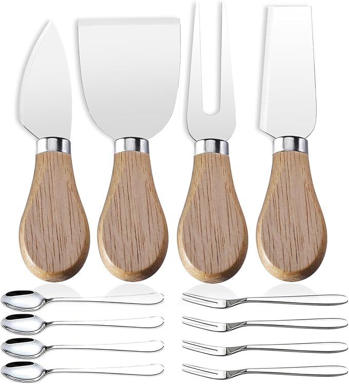 Linwnil Mini Cheese Knife Set with wood Handle - Stainless Steel Charcuterie Knife Set with 4 Fruit Forks & 4 Small Spoons - Compact Cheese Cutter Set for Charcuterie Boards