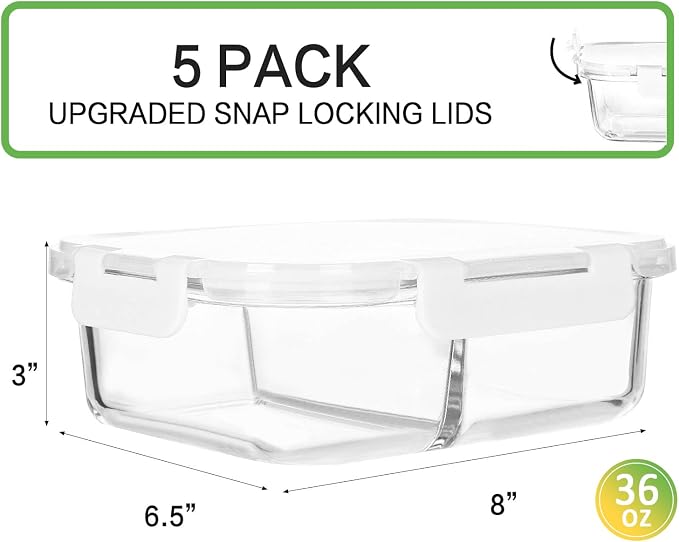 M MCIRCO 5 Pack,36 oz, 2 Compartments Glass Meal Prep Containers with Lids | Divided Glass Food Storage Containers, Portion Control Lunch Containers, Microwave, Oven, Freezer, Dishwasher, White
