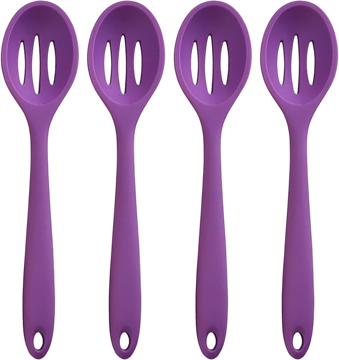 Linwnil 4 Pieces Silicone Slotted Spoons,10.6 Inch Nonstick Mixing Serving Spoons for Kitchen Cooking Bake Stir Draining Tool (4, Purple)