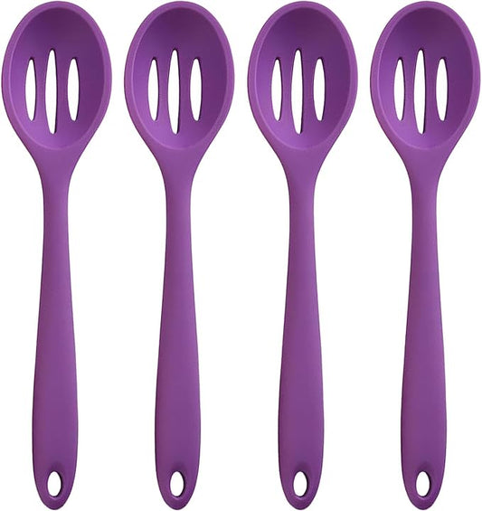 Linwnil 4 Pieces Silicone Slotted Spoons,10.6 Inch Nonstick Mixing Serving Spoons for Kitchen Cooking Bake Stir Draining Tool (4, Purple)