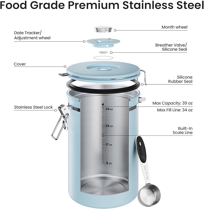 Veken Coffee Canister,39OZ, 2.2lbs,Large Airtight Stainless Steel Container | Kitchen Food Storage Jars for Beans, Ground, Espresso, Rice,Tea, Sugar, Cereal, Cookie, Gifts, Lids, Scoop, Blue