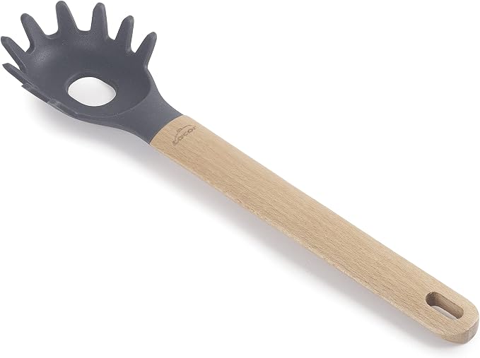 Lacor Unite 68189 Silicone Pasta Spoon, Professional Spaghetti Server, Beech Wood Handle, Does Not Damage the Pan, High Temperature Resistant, BPA Free, 32.5 cm, Grey