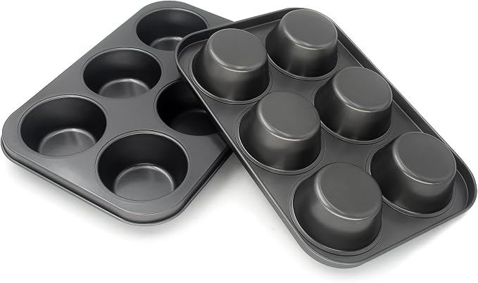 Non-Stick Black Jumbo Muffin Pans, 6-Cup Set of 2 | Carbon Steel, Spatula Included for Extra-Large Muffins & Cupcakes