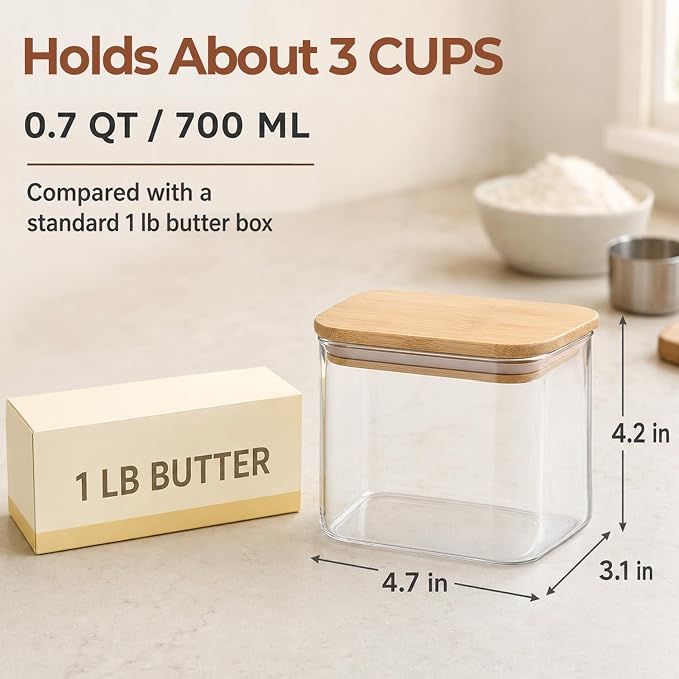 ComSaf Small Glass Containers With Lids 0.7 Qt, Set of 6 Glass Storage Jars | Rectangle Glass Pantry Storage Container, Kitchen Canisters 25oz, Snack Station Organization, Size For Subpackage, BPA Free