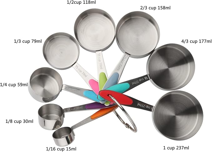 Measuring Cups Set of 8 Stainless Steel Stackable Nesting Measuring Cups | for Dry and Liquid Ingredients