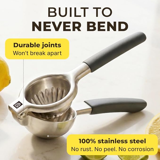 Large Lemon Squeezer Stainless Steel Press - Non-Slip Grip, Heavy Duty, Manual Design - Effortless Pro-Grade Lemon, Lime, Orange, and Citrus Fruit Hand Held Lemon Juicer Squeezer - No Seeds, Max Juice