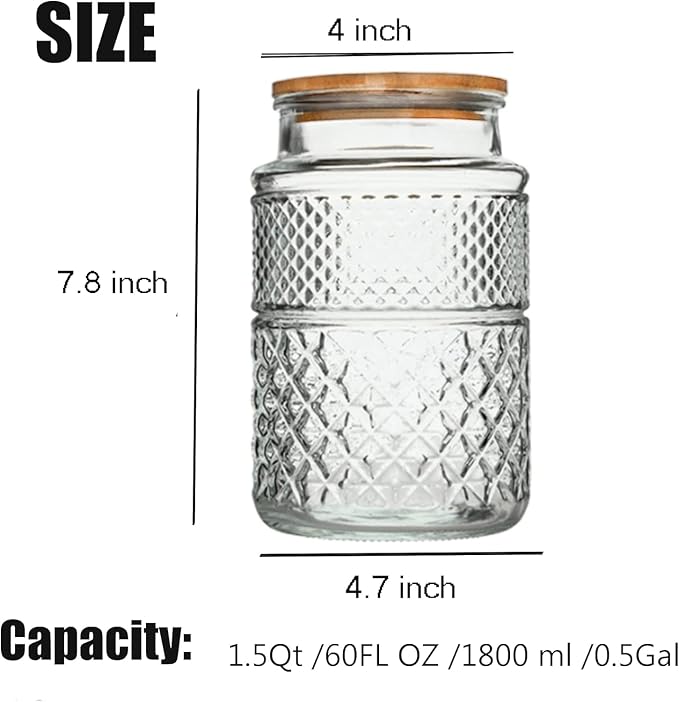 60 FL OZ/0.5 Gal Vintage Glass Storage Jar with Airtight Lid Set of 2 | Kitchen Pantry Thick Glass Container for Flour Sugar Cookie Coffee Laundry Pods, Wide Mouth Opening and Airtight Bamboo lid