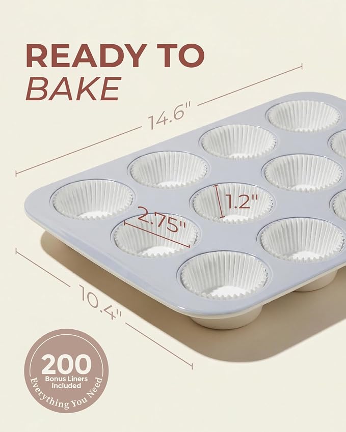 CARTMAN 2-Pack Ceramic Muffin Pan 12 Cup with 200 Cupcake Liners, Non-Stick & Non-Toxic Baking Tin for Healthy Muffins and Cupcakes, Perfect for Home Kitchens and Parties
