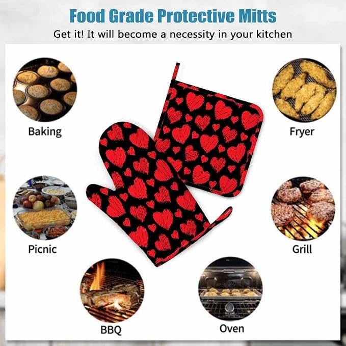 Mxocom Red Hearts Heat-Resistant Oven Mitts and Pot Holder Line Hearts on Black Background Kitchen Non-Slip Cooking Microwave Gloves for Cooking Baking Grilling