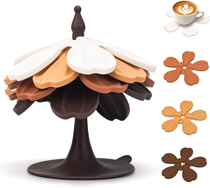Silicone Trivet Tree Set Hot Pads, Vynusio Trivets for Hot Dishes 4 Pack +1 Stand, Collapsible Treetrivet Cup Pans Hot Pot Dish Holders for Kitchen Table Countertop Office Desk, Fall Color