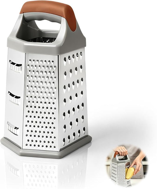 Box grater for kitchen 6 Sided - Cheese Graters Handheld, Stainless Steel Shredder for Food Vegetable Carrot Potato Tomato (Brown)