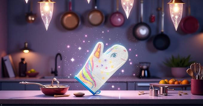 Glitter Magic Unicorn Silicone Oven Mitt - Funny Oven Mitts - Heat Resistant Kitchen Glove, Soft Silicone, Quilted Fabric Lining