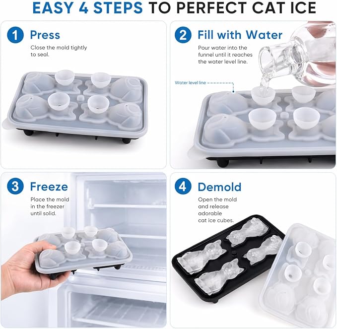 Cat Ice Cube Tray Mold - 2 Pcs Cute Fun Gifts for Cat Lovers Women Men | 2pcs 3D Cat Shape Cute Ice Molds for Whiskey Bourbon, 4-Hole Large Fun Shapes Themed Funny Gifts, for Cat Lovers Women Men