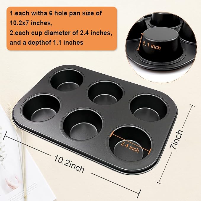 6 Packs Premium Steel Muffin Pan for Baking, Round Muffin Baking Pan, Baking Tray for Muffins, Cupcakes, Brownie(Black