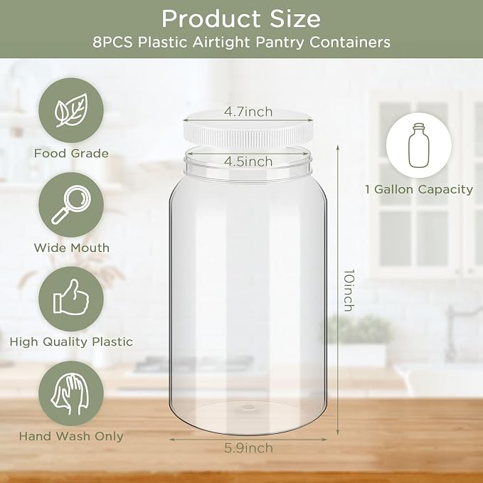8 Pcs 1 Gallon Clear Plastic Jars Airtight Pantry Large Mouth Jars Plastic Jug Cylinder Containers with Lids for Candy Butter Honey Sugar Cookies Arts Crafts Bartender Kitchen(White Lids)