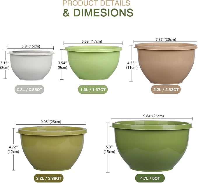 Greentainer Plastic Mixing Bowls with Lids Set for Kitchen, 5 Set Nesting Bowls for Mixing, Baking, Prepping, Cooking and Serving Food, Mixing Bowls Dishwasher, Microwave Safe