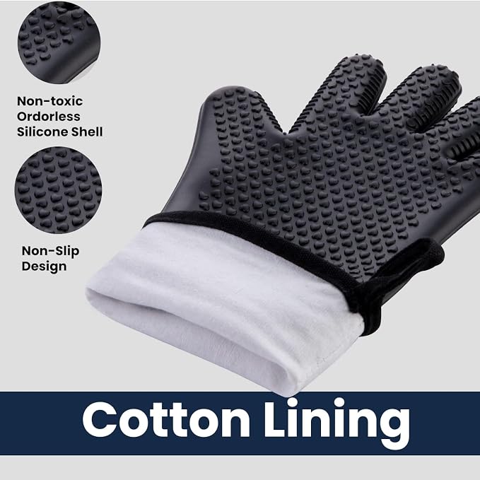 GEEKHOM BBQ Gloves Heat Resistant, 13.7 Inch Long Waterproof Silicone Oven Mitts for Grilling and Smoker, Non-Slip 5 Finger Kitchen Hot Mitts for Baking, Cooking & Cast Iron, Black