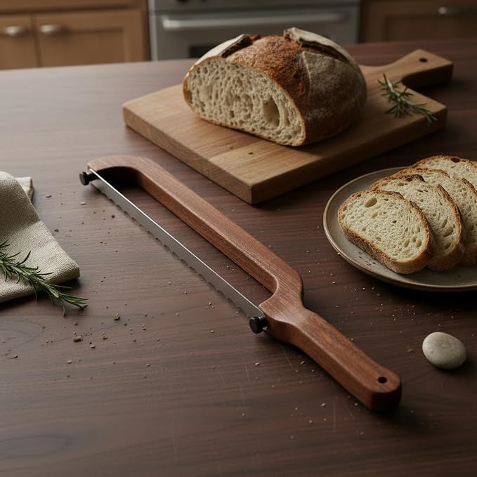 Bread Knife for Sourdough - Right-Handed Serrated Bread Slicer with 2 Blades, Cuts to Bottom for Perfect Slices, Sapele Wood Handle & Storage Pouch