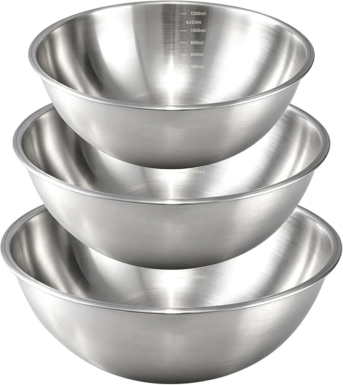 Gronivex Stainless Steel Mixing Bowls Set, 3-Piece (1.5, 2.2 & 3.4 Qt) | Food-Grade Metal, Dishwasher safe，Stackable Nesting & Space-Saving – For Kitchen Baking, Salads, Meal Prep, RV & Camping