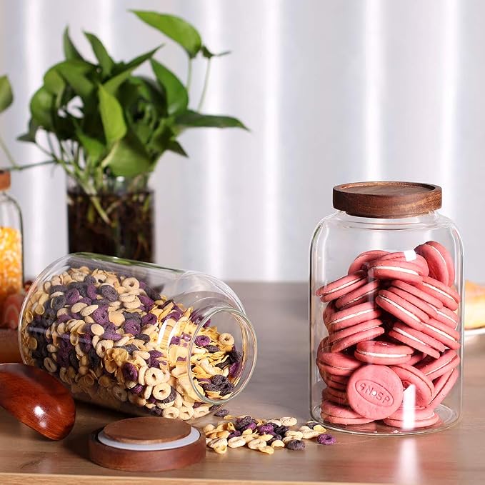 LEAVES AND TREES Y Thicken Glass Storage Jar, Food Storage Container/Canisters with Airtight Wooden Lid for Tea, Coffee, Honey, Cacao Powder,BPA Free Perfect as a Cereal Dispenser (7.6inch 2pcs)