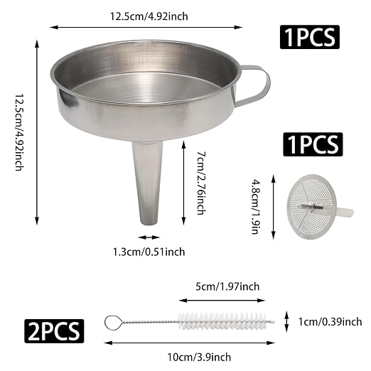 4.3-Inch Silver Stainless Steel Funnel with Strainer, Metal Funnel with Cleaning Brush, Filtering Funnel for Filling Bottles Transferring Liquid Oil Juice Milk Kitchen Use