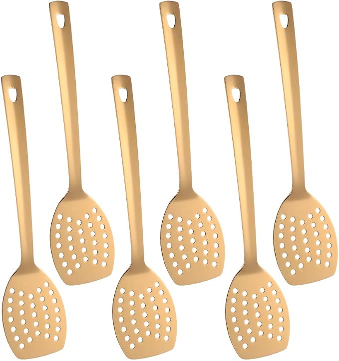 6 Pcs Gold Slotted Turner, Stainless Steel Titanium Plated Spatula, Ergonomic Integral Forming Long Handle-Dishwasher Safe(13 inches/33.2cm)